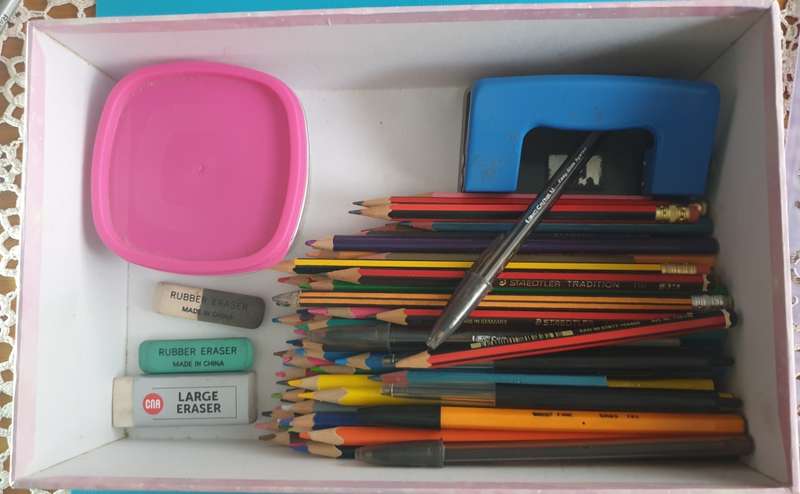BOX  WITH PENCILS  ETC