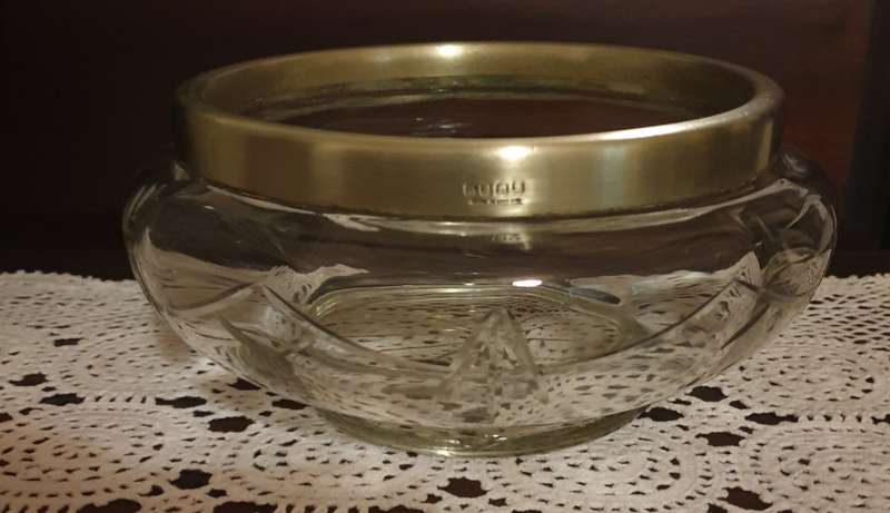 Vintage Kitchen Glass Bowl with Plated Rim