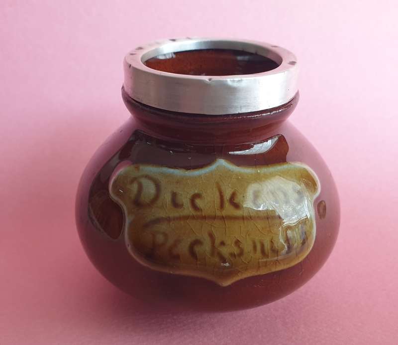 Royal Doulton Kingsware Dickens Pecksniff Tooth Pick Holder Sterling Silver Rim