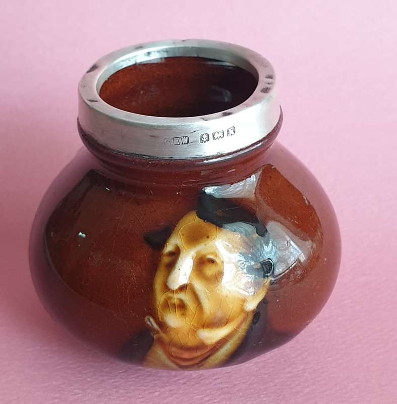 Royal Doulton Kingsware Dickens Pecksniff Tooth Pick Holder Sterling Silver Rim