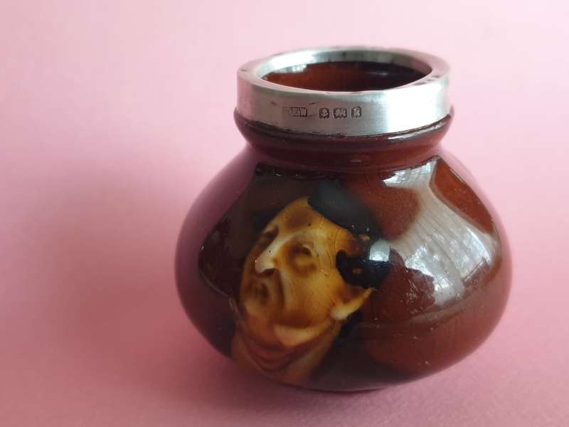 Royal Doulton Kingsware Dickens Pecksniff Tooth Pick Holder Sterling Silver Rim