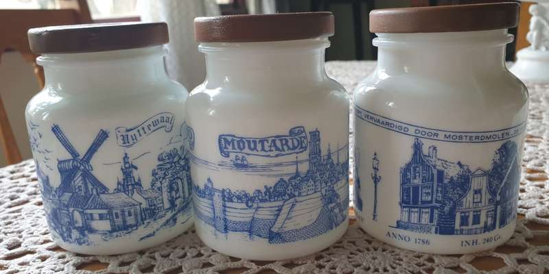 3 Mustard Jars with Painted Lids
