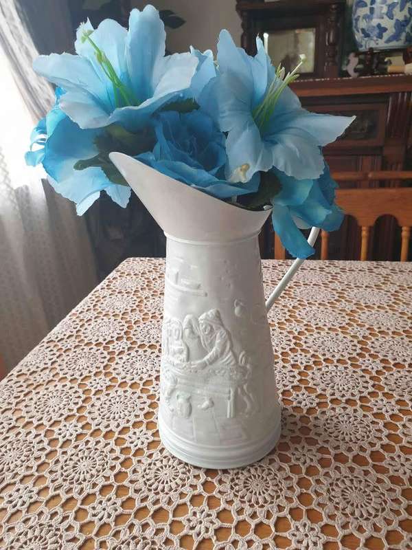 Metal painted Jug with plastic Flowers made in Holland