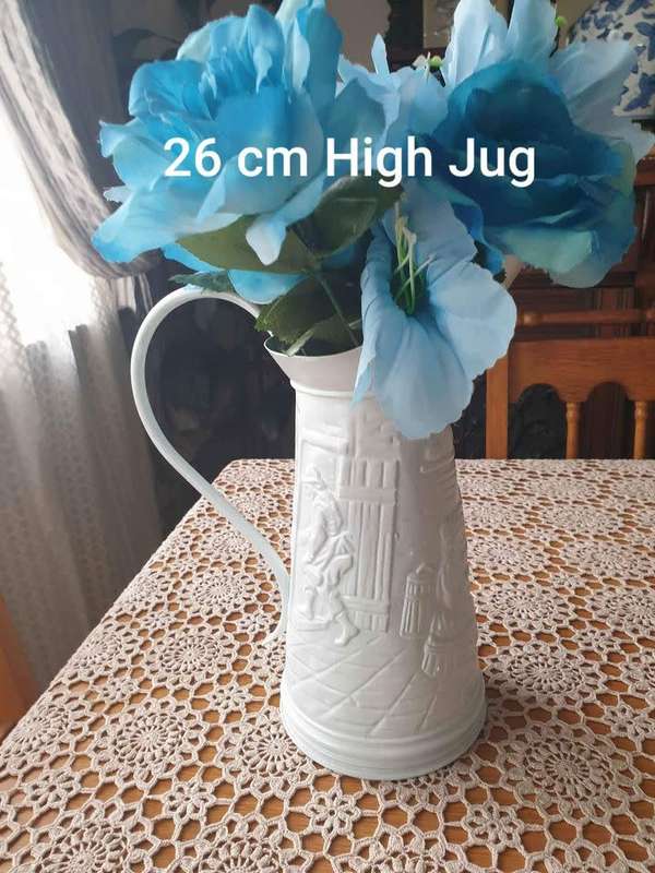 Metal painted Jug with plastic Flowers made in Holland