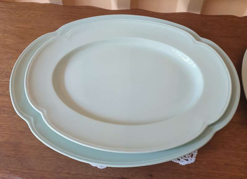 3 Johnson Bros Oval Serving Platters Greendawn  Mint Green Scalloped Edge