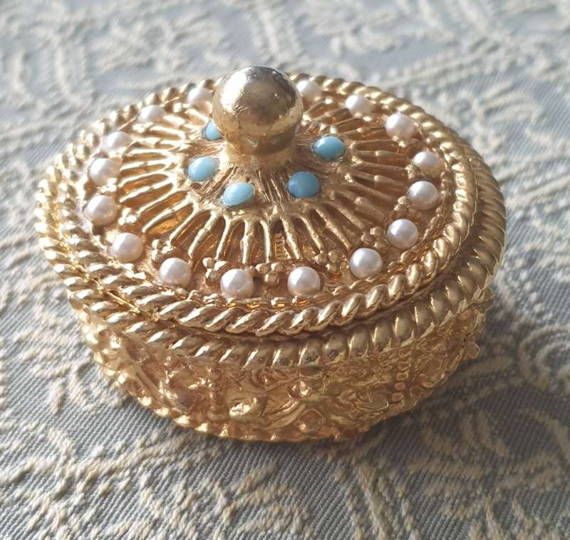 Gold Plated Trinket Pill Box |  By Mirella | Faux Pearls Turquoise |  1950s |