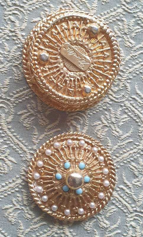 Gold Plated Trinket Pill Box |  By Mirella | Faux Pearls Turquoise |  1950s |