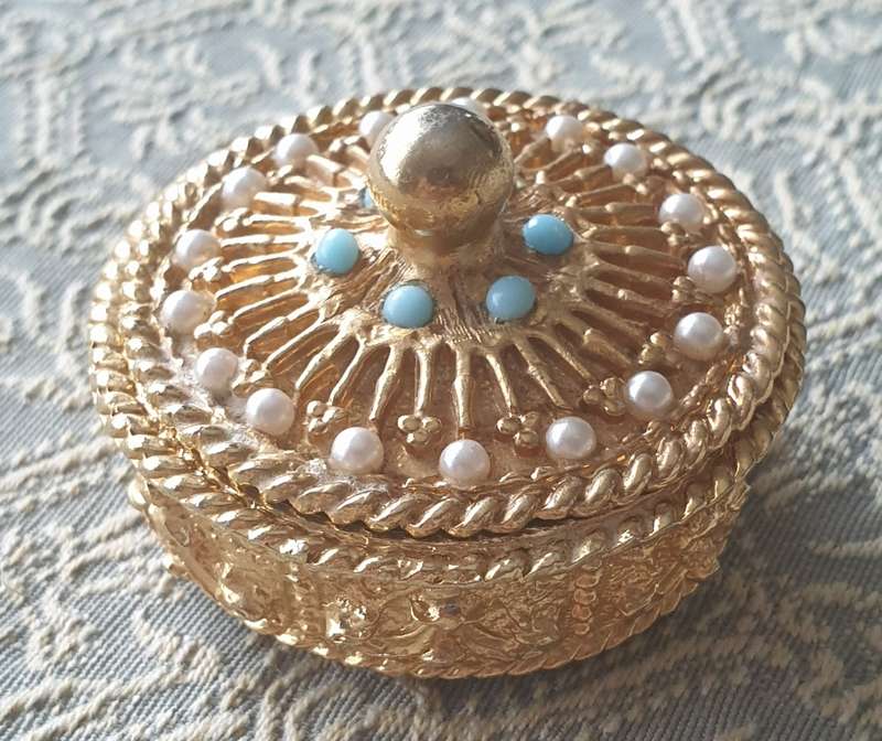 Gold Plated Trinket Pill Box |  By Mirella | Faux Pearls Turquoise |  1950s |