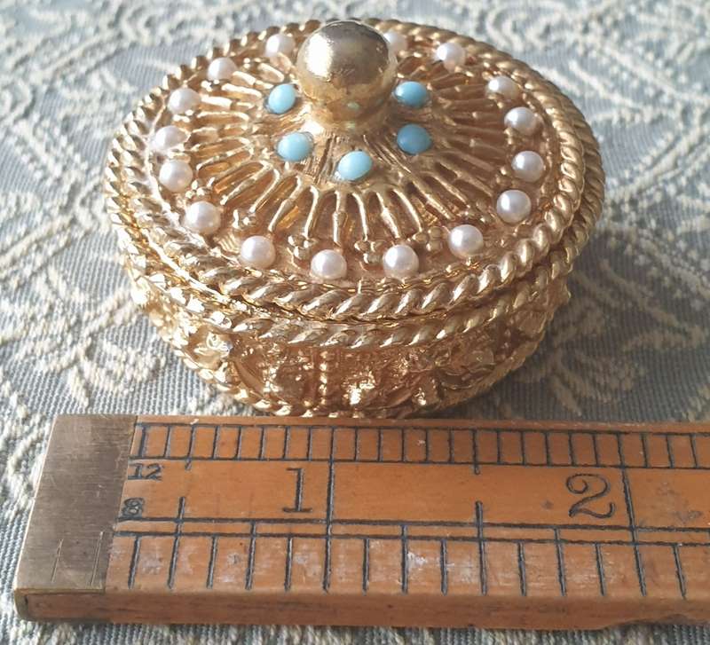 Gold Plated Trinket Pill Box |  By Mirella | Faux Pearls Turquoise |  1950s |