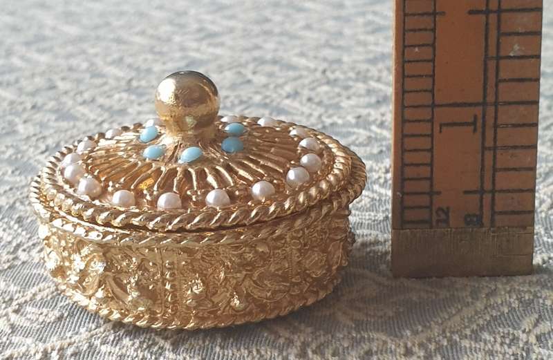 Gold Plated Trinket Pill Box |  By Mirella | Faux Pearls Turquoise |  1950s |