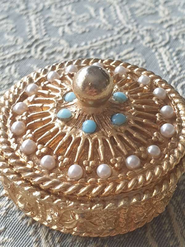 Gold Plated Trinket Pill Box |  By Mirella | Faux Pearls Turquoise |  1950s |