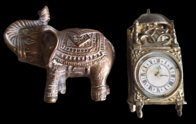 SOLID BRASS ELEPHANT AND CAST METAL CLOCK | PRINTERS TRAY | ORNAMENTS | DECOR | HOME