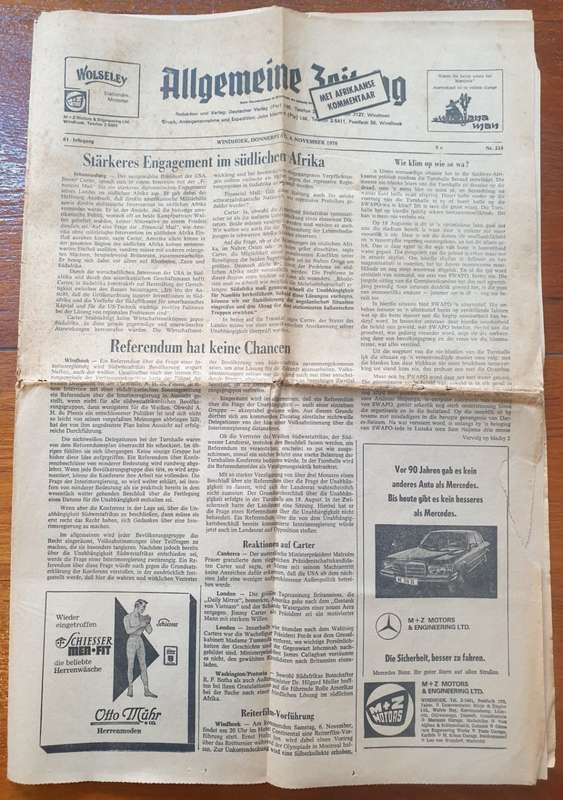 Vintage Framed  Allgemeine Zeitung    Windhoek  4 November 1976