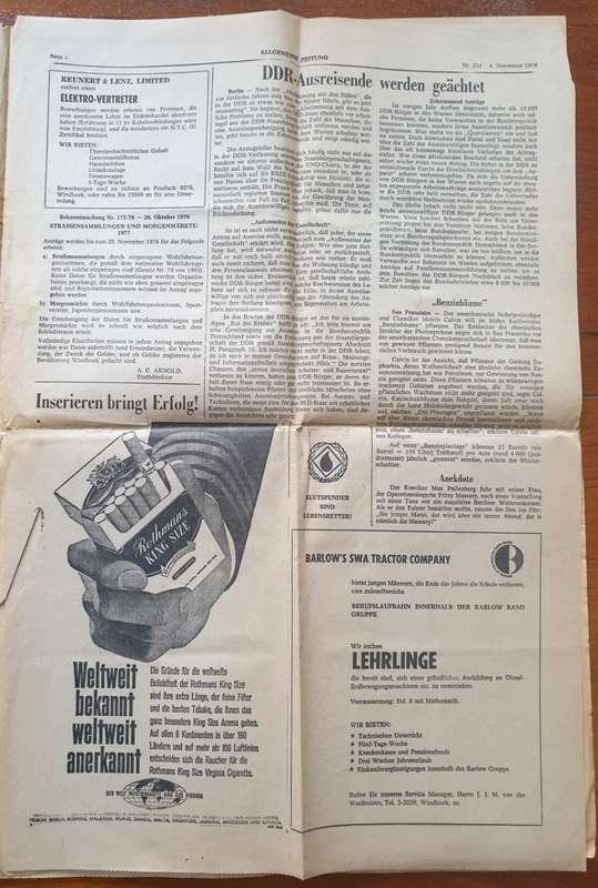 Vintage Framed  Allgemeine Zeitung    Windhoek  4 November 1976