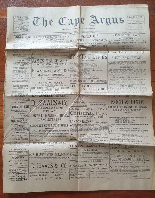The Cape Argus` 2 January 1896. Original newspaper.