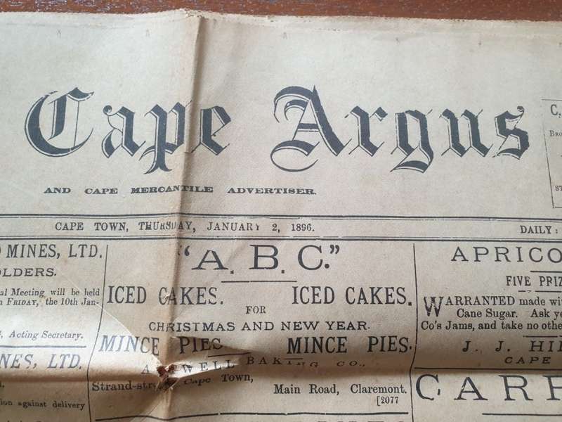The Cape Argus` 2 January 1896. Original newspaper.