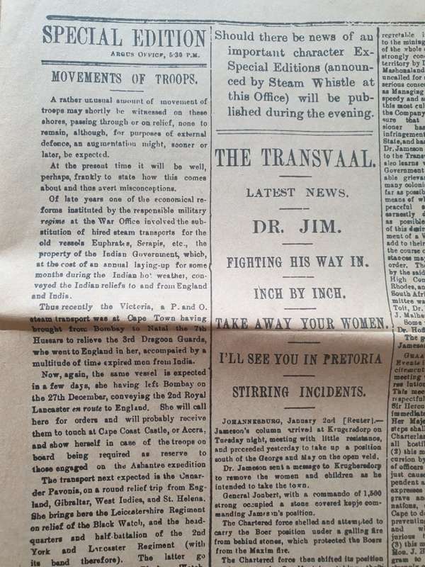 The Cape Argus` 2 January 1896. Original newspaper.