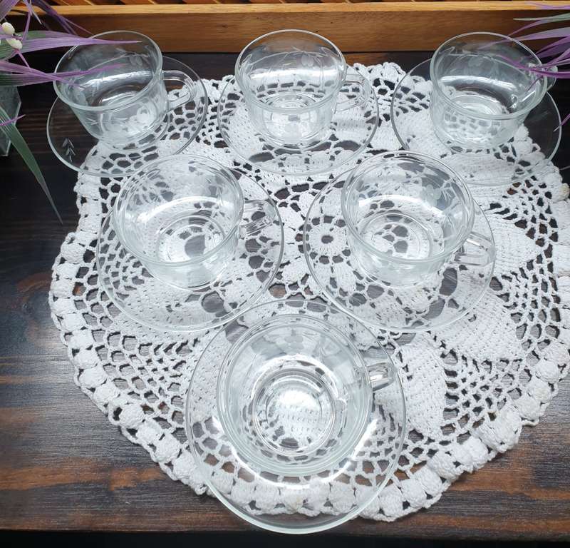 ARCOROC FRANCE TEA SET | FRENCH | KITCHENALIA | CLEAR GLASS WITH PATTERN |