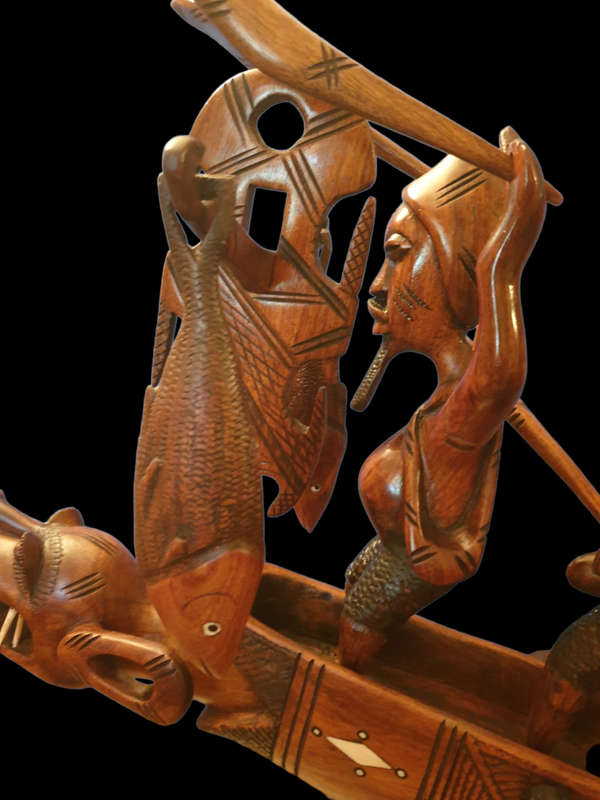 NIGERIAN INLAID WOOD BOAT CARVING | HUGE |