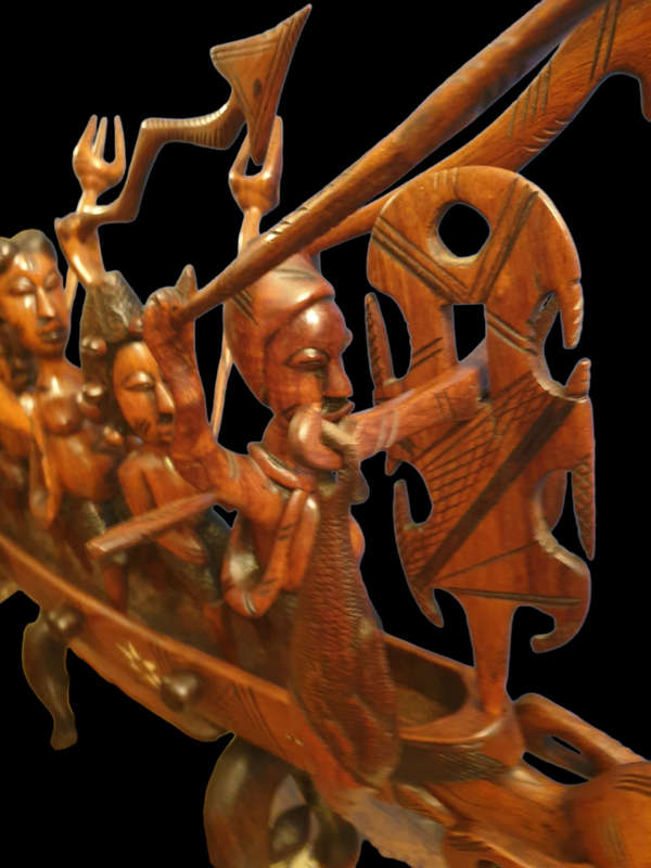 NIGERIAN INLAID WOOD BOAT CARVING | HUGE |