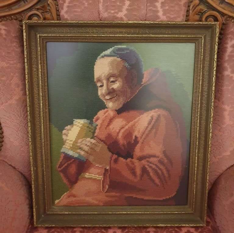 Happy Beer Drinking Monk Red Robe Stein ANTIQUE VINTAGE Handmade Needlepoint Art