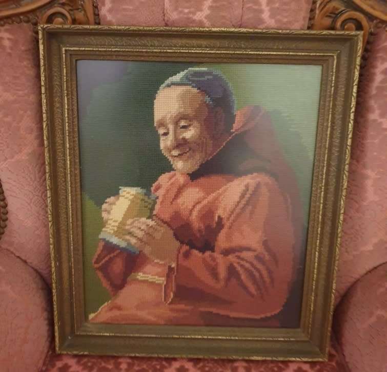 Happy Beer Drinking Monk Red Robe Stein ANTIQUE VINTAGE Handmade Needlepoint Art