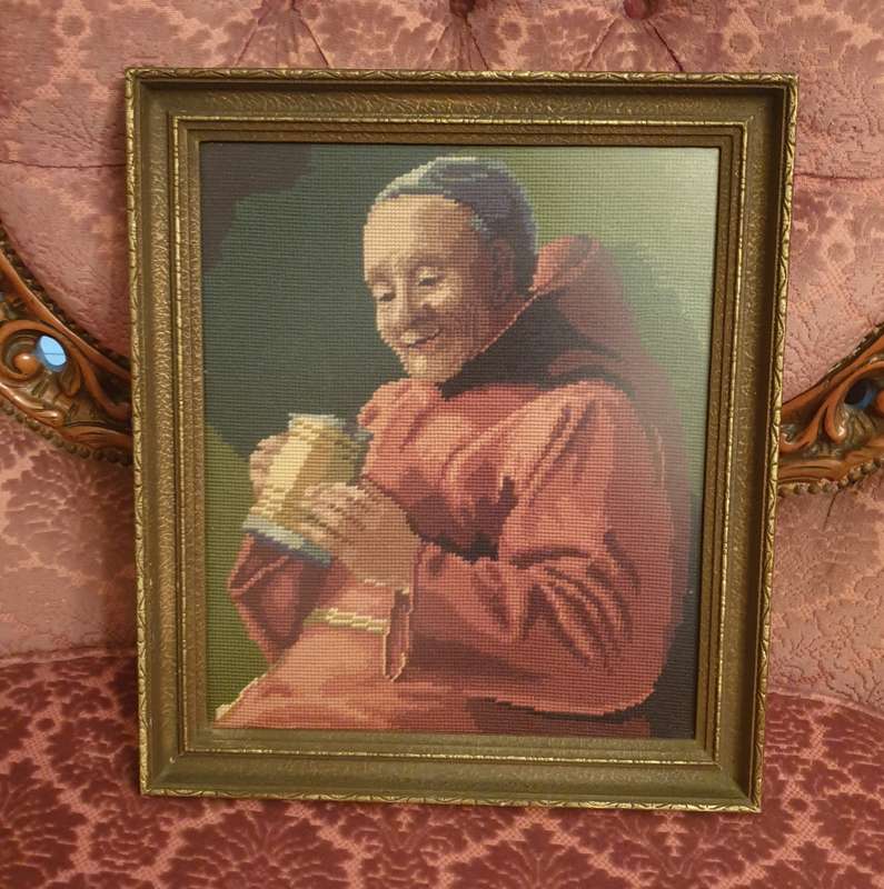 Happy Beer Drinking Monk Red Robe Stein ANTIQUE VINTAGE Handmade Needlepoint Art