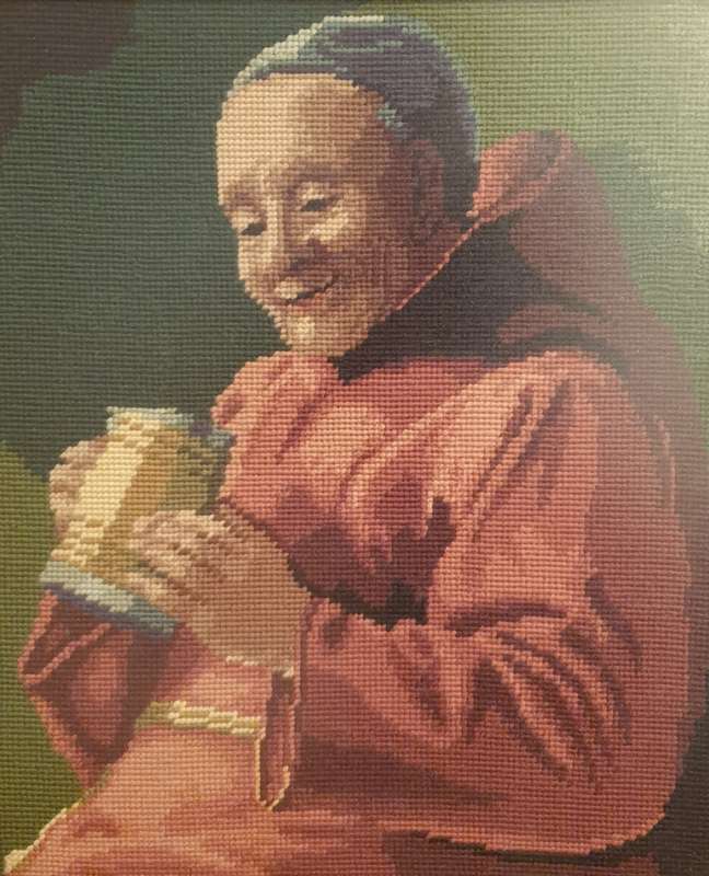 Happy Beer Drinking Monk Red Robe Stein ANTIQUE VINTAGE Handmade Needlepoint Art