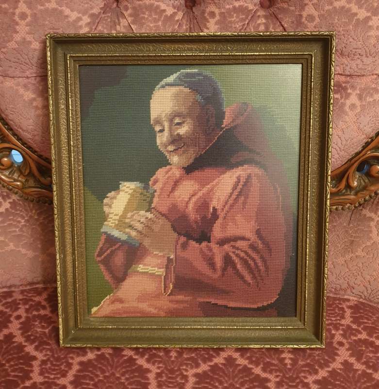 Happy Beer Drinking Monk Red Robe Stein ANTIQUE VINTAGE Handmade Needlepoint Art