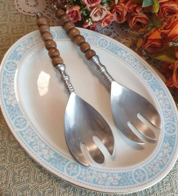 Pewter Salad Forks with Wooden Beads