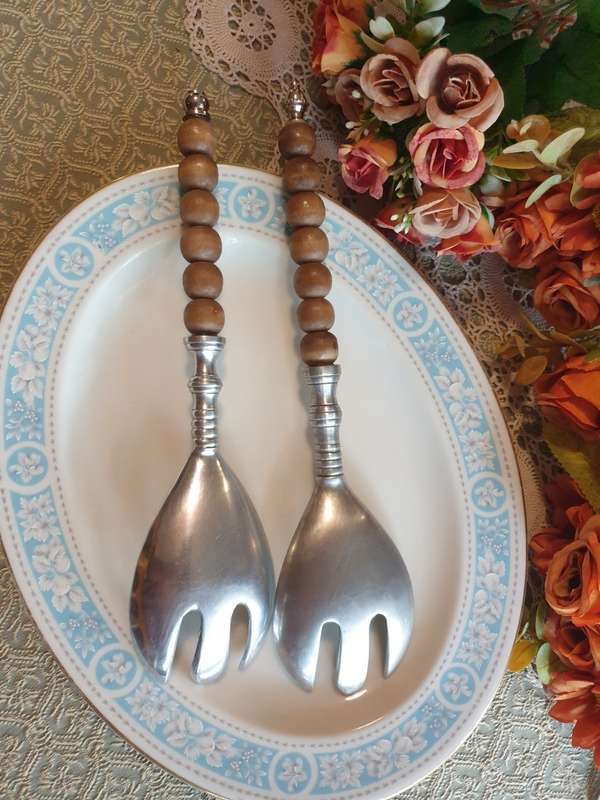 Pewter Salad Forks with Wooden Beads