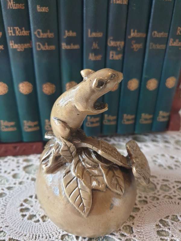 Meiji BRASS Mouse with Fruit |  Lovely Detail | RARE FIND |