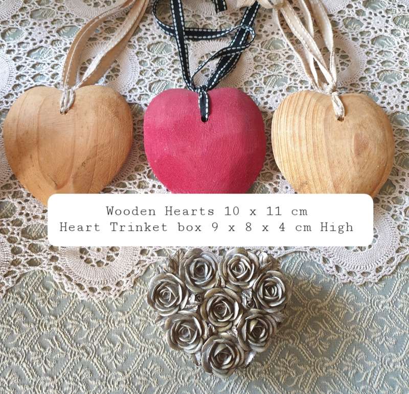 3 WOODEN HEARTS AND HEART TRINKET BOX