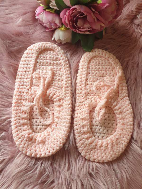 Handmade Crochet Slippers In Pink - SIZE 5-6 ADULT