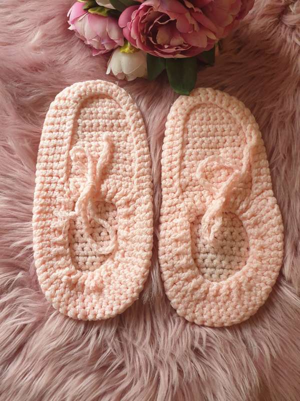Handmade Crochet Slippers In Pink - SIZE 5-6 ADULT