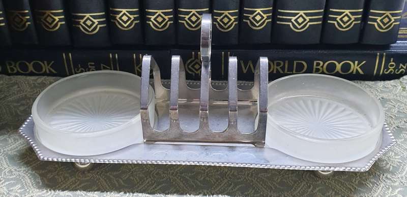Vintage Metal Toast Rack Set & Glass Preserve / Butter Dishes