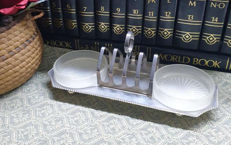 Vintage Metal Toast Rack Set & Glass Preserve / Butter Dishes