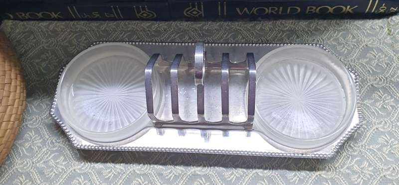 Vintage Metal Toast Rack Set & Glass Preserve / Butter Dishes