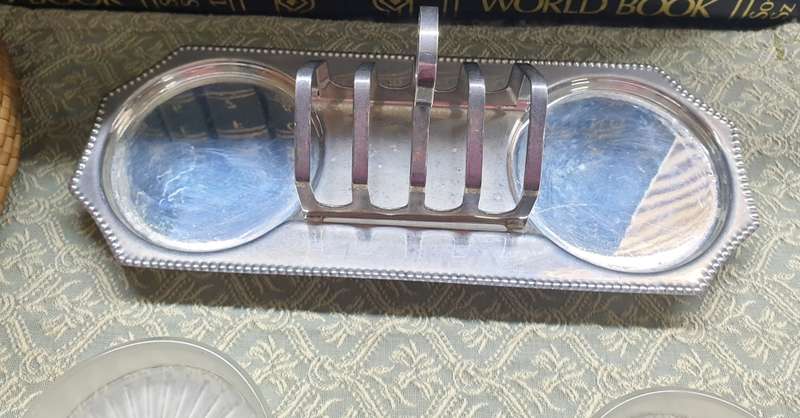 Vintage Metal Toast Rack Set & Glass Preserve / Butter Dishes