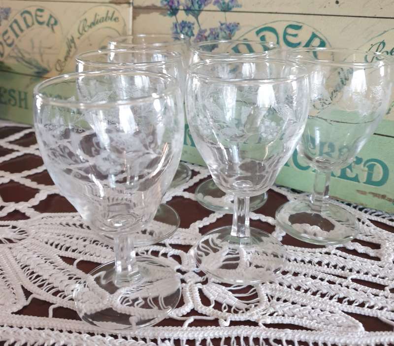 Attractive 19th century in acid-etched  6 Sherry Glasses