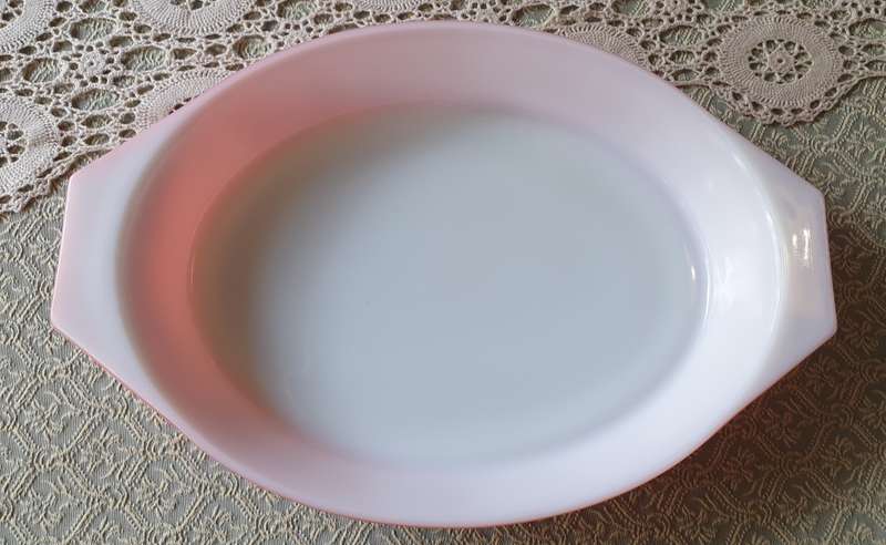 Vintage 1960s Pyrex Gaiety Flamingo Pink White Daisy Oval Dish With Tab Handle