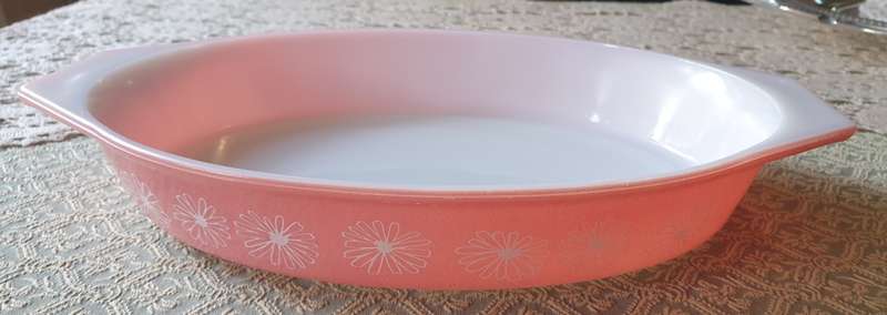 Vintage 1960s Pyrex Gaiety Flamingo Pink White Daisy Oval Dish With Tab Handle