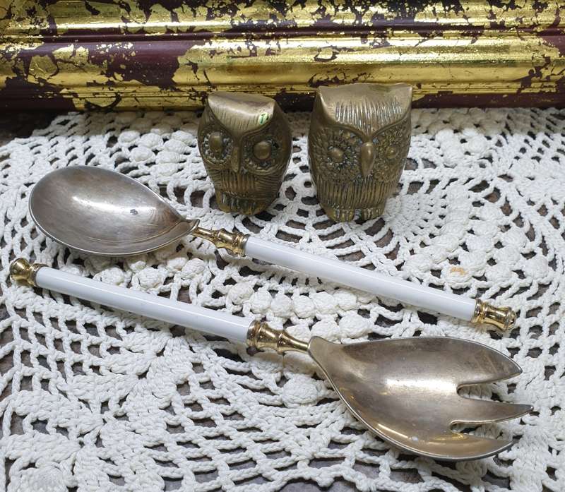 BRASS OWLS AND SALAD SET