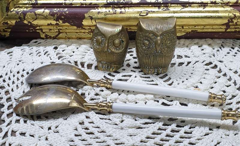 BRASS OWLS AND SALAD SET