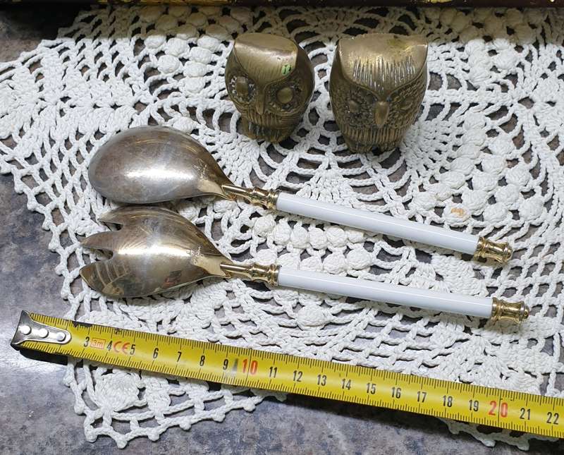 BRASS OWLS AND SALAD SET