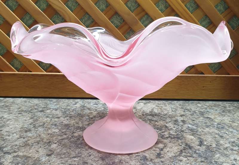 Vintage Viking Glass Light Pink Satin Cabbage Leaf Compote Bowl Frost | MADE IN THE USA |