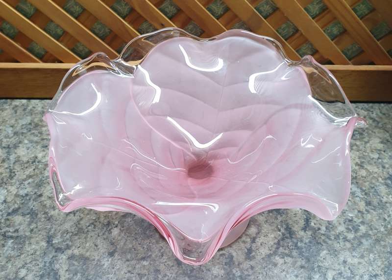 Vintage Viking Glass Light Pink Satin Cabbage Leaf Compote Bowl Frost | MADE IN THE USA |