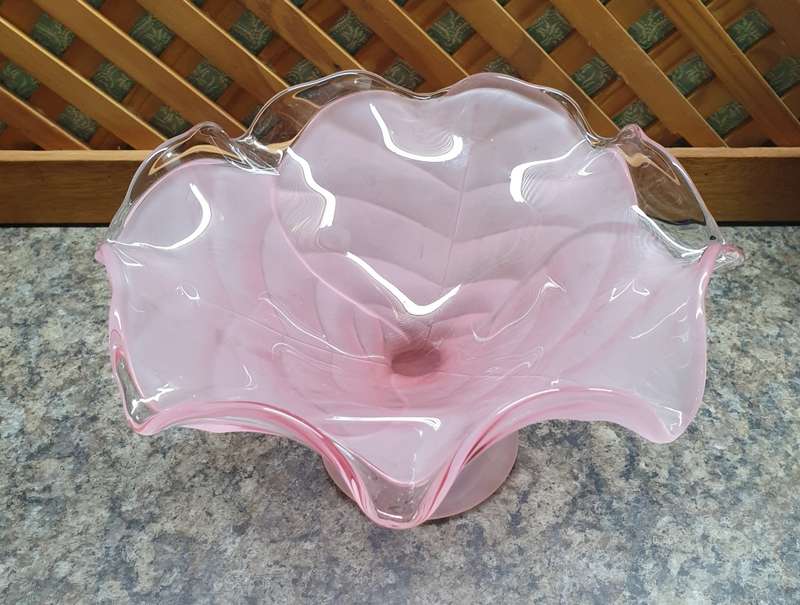Vintage Viking Glass Light Pink Satin Cabbage Leaf Compote Bowl Frost | MADE IN THE USA |