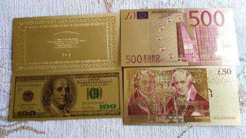 24K GOLD - 500 EURO NOTE./100 American Dollar  and  50 Pound