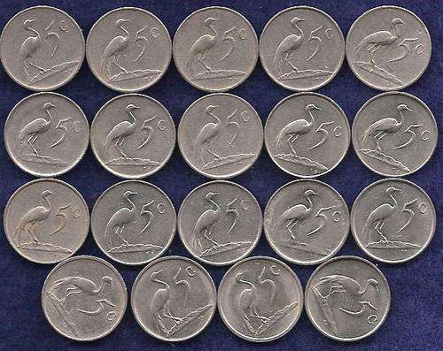 Old SA 5 cents coins (bid per lot of 50 coins)